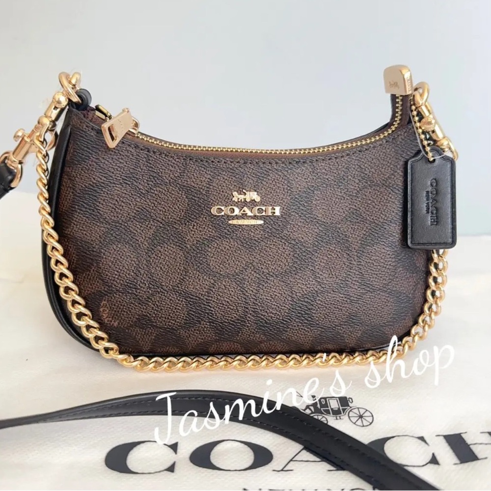 Coach Signature Canvas Gold/Walnut/Black Mini Teri Shoulder Bag - Picture 9 of 14